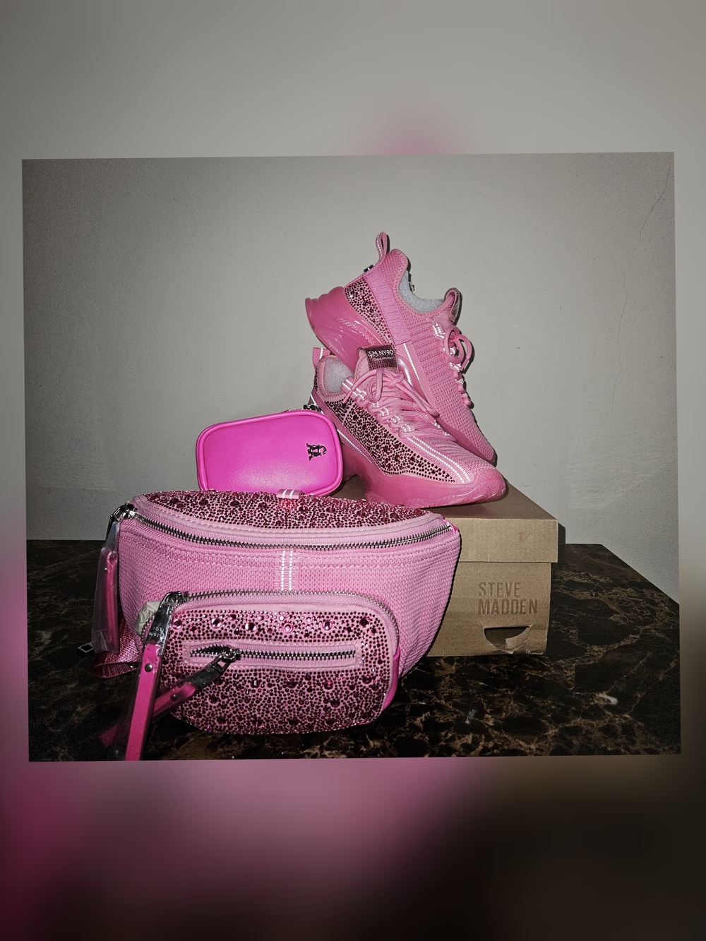 Steve Madden 8.5 🩷Pink Rhinestones Sneakers with Matching 🩷 Pink Crossbody